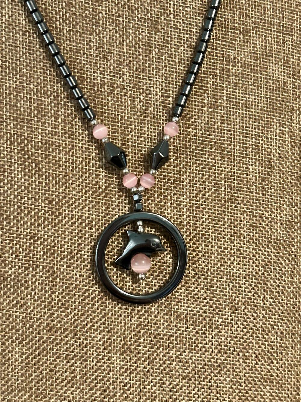 Vintage Hematite Bead Necklace Jumping Dolphin Circular Pendant Pink Stone 18"